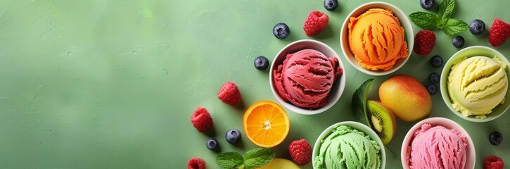 Colorful ice cream and fruit on a green background, a top view. A bowl contains ice cream balls in different shades of color, as well as fruits like kiwi, strawberry, cherry, and mint leaves