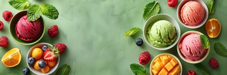 Colorful ice cream and fruit on a green background, a top view. A bowl contains ice cream balls in different shades of color, as well as fruits like kiwi, strawberry, cherry, and mint leaves