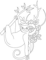 Sloth and A Floral Vine Coloring Page. Printable Coloring Worksheet for Adults and Kids. Educational Resources for School and Preschool.