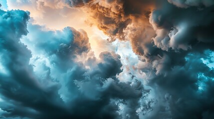 Dramatic storm clouds with contrasting hues of blue and orange, capturing the powerful and turbulent beauty of nature.