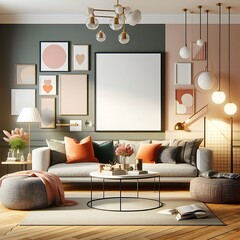A living Room with a mockup poster empty white and with a couch and a coffee table art card design meaning has illustrative harmony.