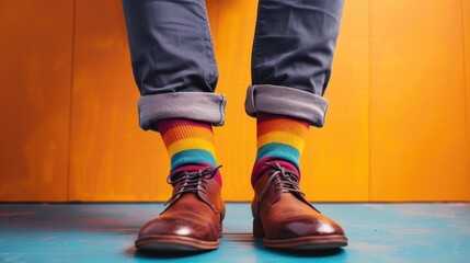 Bright funny socks, trendy shoes and men's legs. Fashion, style, beauty