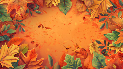 Autumn leaves border orange background. Fall Thanksgiving decor