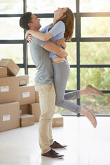 Couple, boxes and buy a new home, hug and property success or investment home loan. People,...