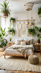 Minimalistic Boho Bedroom with a Few Plants, Highlighting Natural Elements, Simple Decor, and Tranquil Atmosphere