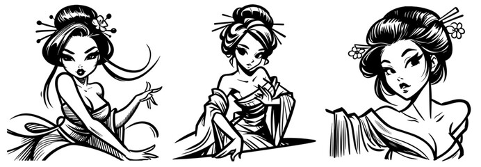 geisha pinup girl, japanese tradition pin-up woman, black vector transparent background, nocolor silhouette sketch illustration, amazing lady comic character shape laser cutting engraving print
