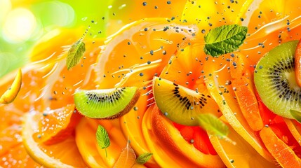 Fresh tropical fruit splash with kiwi and oranges on vibrant background