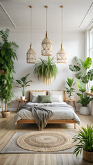 Minimalistic Boho Bedroom with a Few Plants, Featuring Cozy Space, Natural Decor, and Peaceful Ambiance