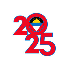 2025 banner with Antigua and Barbuda flag inside. Vector illustration.