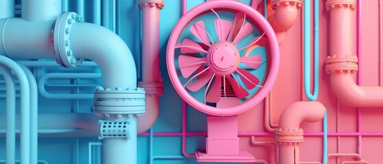 Adorable pastelcolored mechanical device with fan and pipes