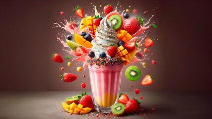 Explosion of colorful milkshake with fruits