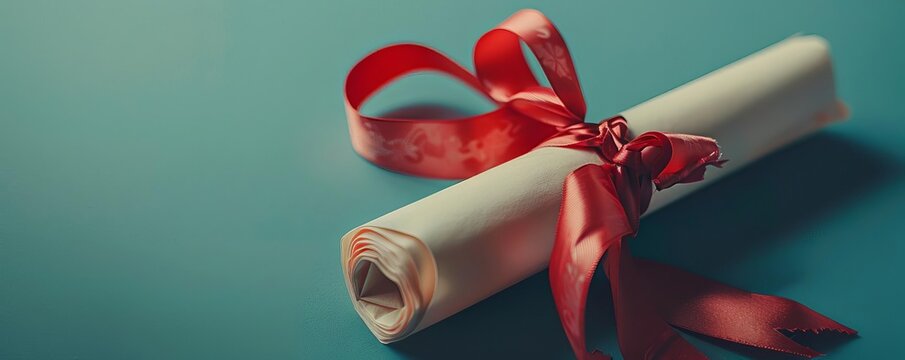 Graduate with Diploma Roll Closeup of the diploma roll tied with a ribbon