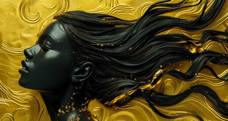 A woman with long black hair and gold waves.