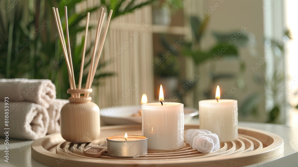 Wall mural Burning candles and aromatic reed freshener on table in spa salon