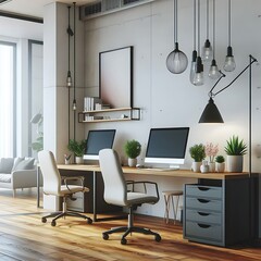 A office room with a mockup poster empty white and with a desk and computer in office realistic image harmony used for printing has illustrative.