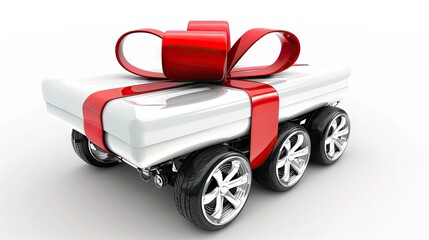 Elegant White Car Adorned With a Festive Red Ribbon