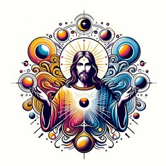 A colorful drawing of a jesus christ with his hands in the air has illustrative harmony art lively.