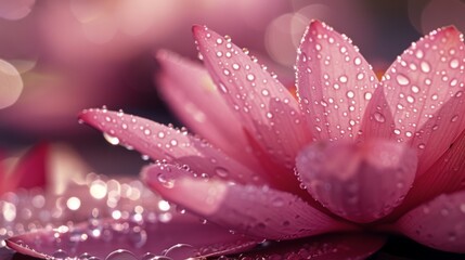 Dewdrops enhancing the beauty of a pink lotus flower as they settle on its velvety surface