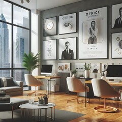 A office room with a mockup poster empty white and with a large window and a large wall with pictures on the wall realistic art used for printing harmony.