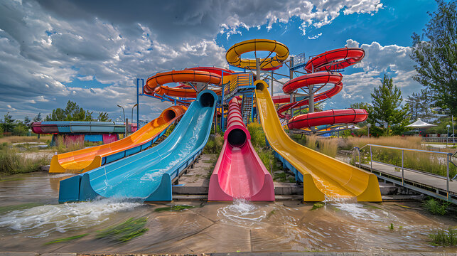 Empty summer water ride theme park colorful waterslides