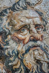 Obraz premium roman mosaic. A detailed close-up of a weathered mosaic depicting an elderly man with expressive eyes and a flowing beard