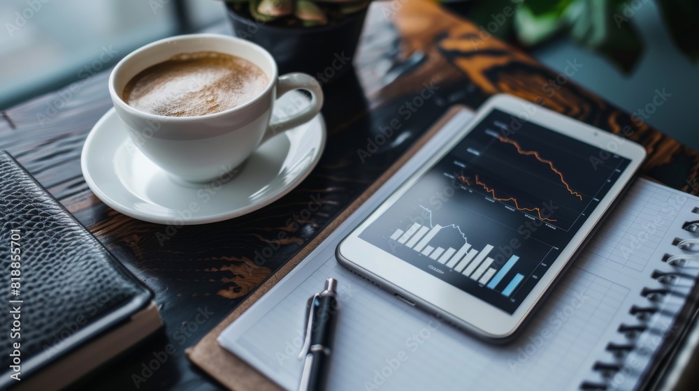 Leinwandbilder Digital tablet showing financial graphs, with a cup of coffee and notepad on the table