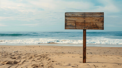 Empty wooden signboard with a sandy summer beach background. Summer vacation mockup