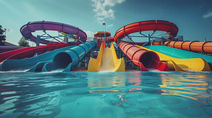 Empty summer water ride theme park colorful waterslides
