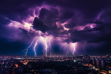 intense lightning striking over a city during a storm - Powered by Adobe