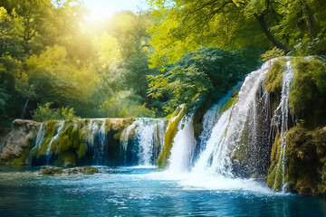 cascading waterfalls surrounded by lush forest and rocks