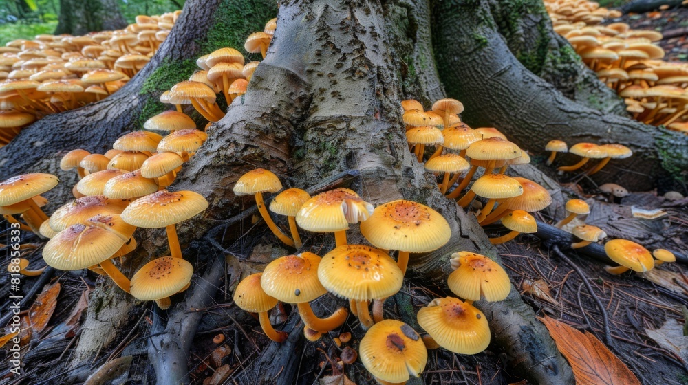Poster enchanting display of mushrooms flourishing on the damp ground near a tree's roots