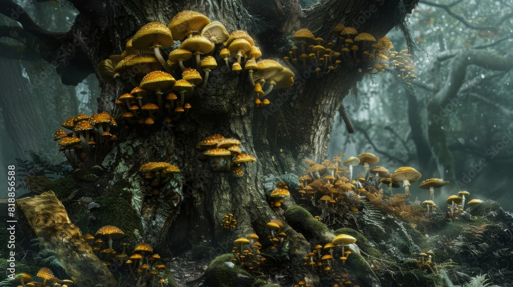 Poster enchanting scene of mushrooms growing abundantly around the base of an old tree
