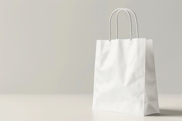 A plain white paper bag with twisted handles against a light grey background. Paper Bag market mockup. Eco friendly shop