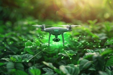 Drone sensoric automation in sustainable farming and smart farming technologies using environmental drones for crop management in vector graphics. © Leo Rohmann