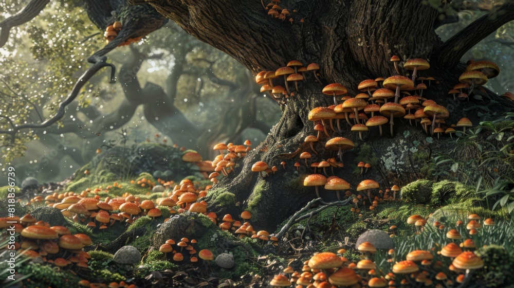 Poster enchanting scene of mushrooms growing abundantly around the base of an old tree