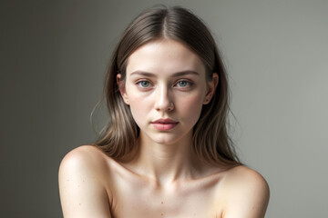 Fototapeta premium Portrait of a Young Woman With Blue Eyes and Natural Makeup in a Studio Setting.