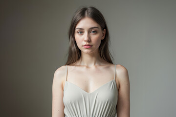 Fototapeta premium Serene Woman Posing in a Softly Lit Room Near a Window pastel tone and mood of the quiet luxury look.