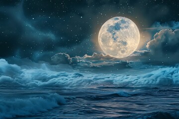 Full moon rising over the tranquil sea at night with fluffy clouds, peaceful ocean view