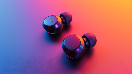 3D wireless earbuds placed on a gradient background blending shades of orange and violet