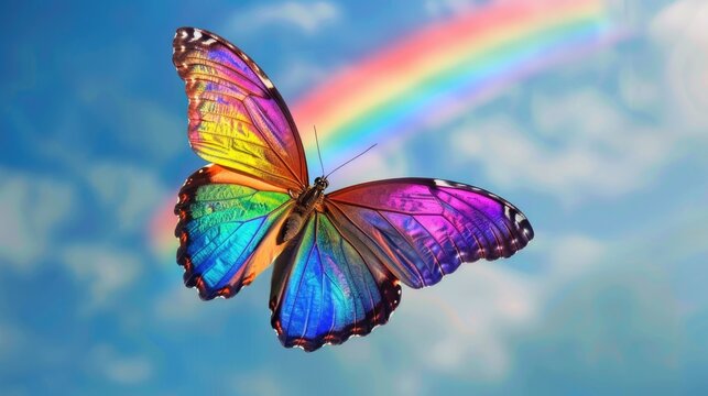 Butterfly of all colors of the rainbow. bright tropical butterfly against the sky with a rainbow.