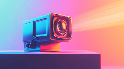 A futuristic 3D hologram projector isolated on a gradient backdrop from orange to pink