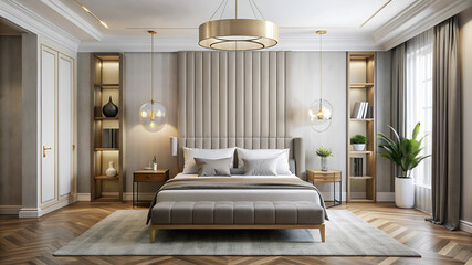 Shot of an Art Deco Bedroom, Minimalist Style, Featuring Sleek Design, Clean Lines, and Modern Decor