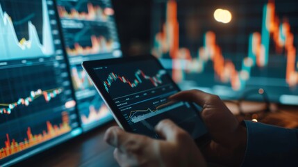 Financial advisor explaining stock market trends using a digital graph on a tablet