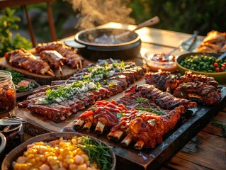 An assortment of BBQ dishes spread out on a picnic table, offering a feast and variety of flavors, illuminated by golden afternoon light 