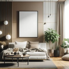 A Room with a mockup poster empty white and with a bed and plants art bring spirit realistic.