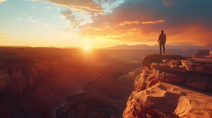 Traveler Standing on Cliff Overlooking Vast Canyon at Sunrise