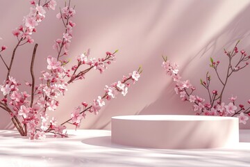 Background podium 3D spring flower product beauty pink display nature. 3D podium stand background scene floral mockup cosmetic white blossom summer abstract shadow platform minimal design render stage