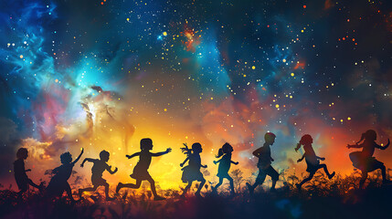 Silhouette of diverse children playing colorful starry sky 