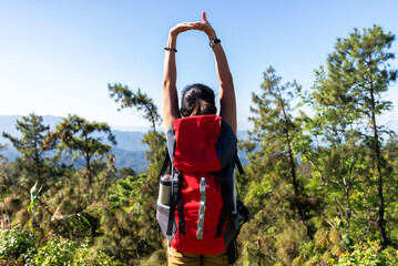 Woman Hikers Admiring and Forest walk and camping adventures