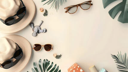 beautiful background with pattern,Summer vacation essentials: hat, sunglasses, and sunglasses case